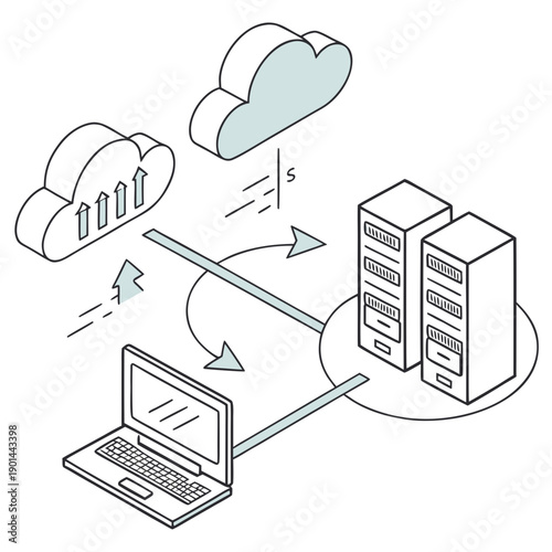 Illustration of a laptop connected to a server and cloud storage systems