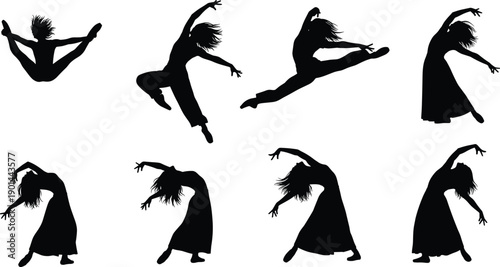 Dance silhouette, dynamic pose, expressive movement, artistic choreography, fitness training, graceful posture, cultural performance, elegant balance, physical activity, creative motion, dramatic 