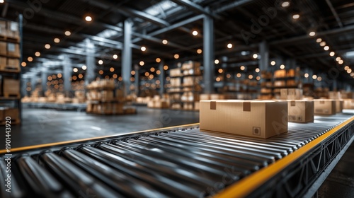 warehouse logistics scene, distribution center and cardboard boxes, suitable for logistics company marketing and commercial use