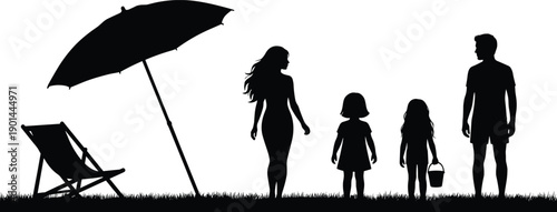 Family silhouettes at beach, parents and children walking together, summer vacation scene, seaside umbrella chair, love bonding, black vector illustration