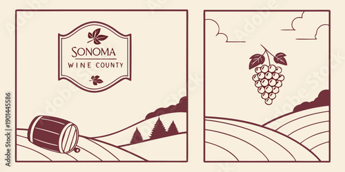 Sonoma Wine Country Poster Set – Stylized Wine Barrel, Grapes, and Rolling Vineyard Hills in Vintage Winery Panels, U.S, USA, US, United States
