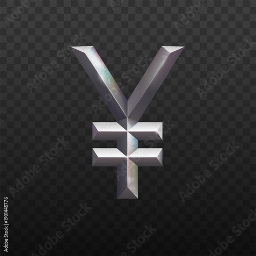 Iridescent Silver Yen and Yuan Symbol with Liquid Metal Texture. Realistic Glossy Chrome JPY and CNY Currency Icon for China and Japan Finance, Banking and Modern Investment Design