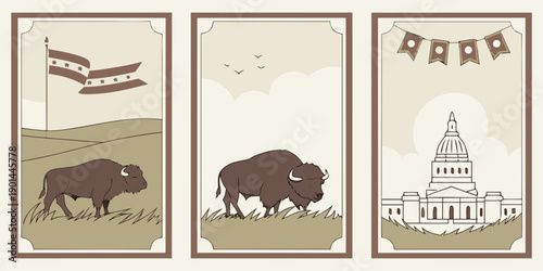 Texas Heritage Poster Set – Stylized Bison Wildlife and Texas State Capitol in Vintage Western Panels, U.S, USA, US, United States
