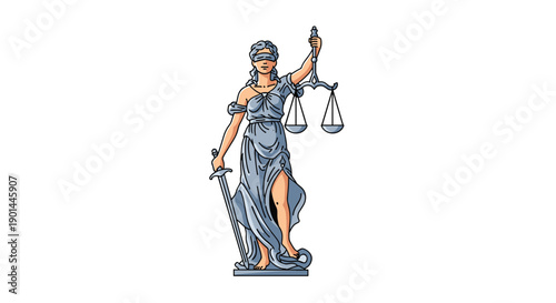 Impressive Lady Justice statue rendered in grey tones, holding balanced scales and a formidable sword, legal concept