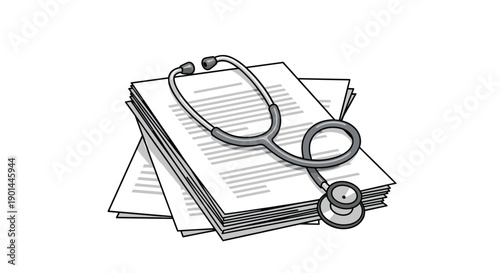 Professional grayscale stethoscope resting neatly on a stack of patient medical examination reports and documents,