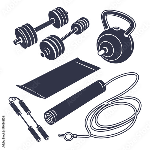Fitness equipment including dumbbells, jump rope, and headphones on a mat