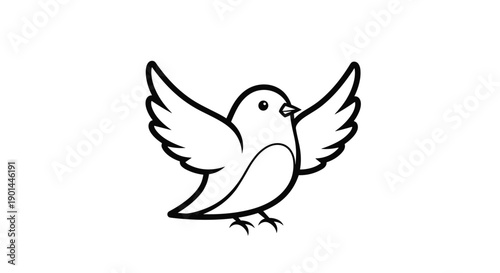 Simple black outline illustration of a charming small bird standing gracefully with its wings widely spread, minimalist