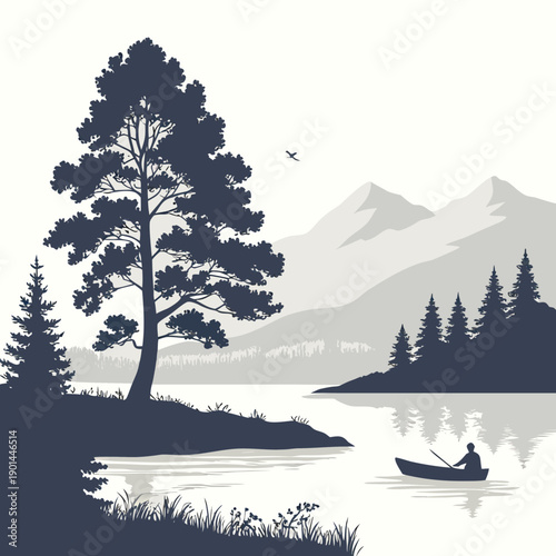A serene landscape featuring a lone tree standing tall near a calm lake with mountains in the background