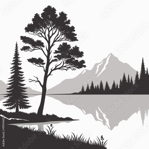 A serene landscape featuring a lone tree by a tranquil lake with mountains in the distance