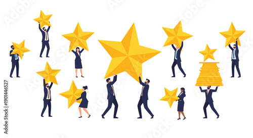Diverse business people enthusiastically lifting and holding golden stars, symbolizing achievement, excellence, and