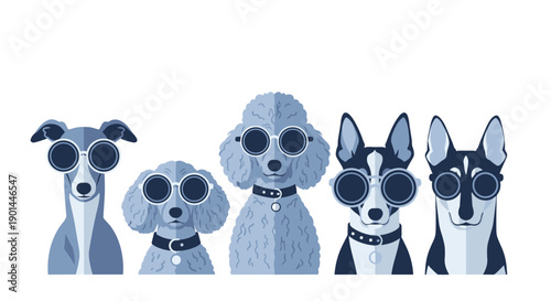 Collection of monochromatic stylish dog breeds, including a greyhound and poodle, each wearing cool round sunglasses,