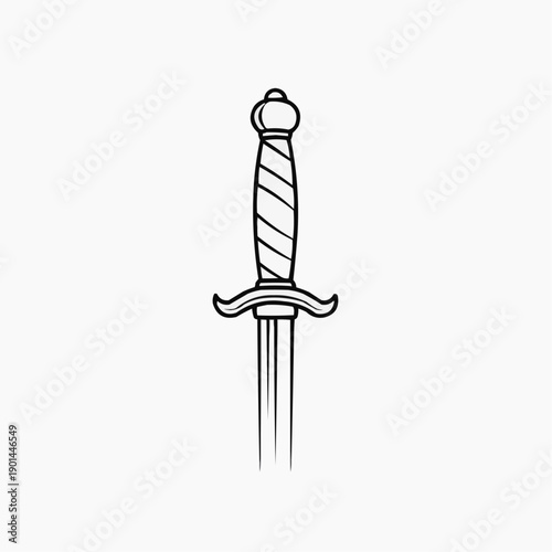 Ornate sword illustration in black and white design  