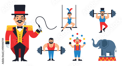 Diverse circus performers including ringmaster, strongmen, acrobat, clown, and elephant on white.