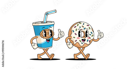 Retro cartoon soda cup and glazed donut characters walking together with thumbs up on white.
