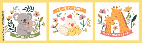 Set of animals, moms with his baby animals, chicken, jirafe