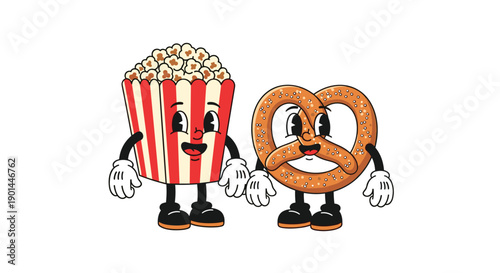 Classic retro cartoon popcorn box and a salty pretzel character standing together.