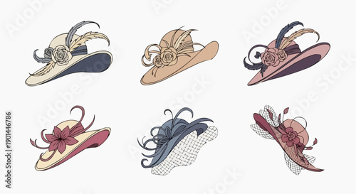 Vintage fashion hats with decorative elements in various styles  