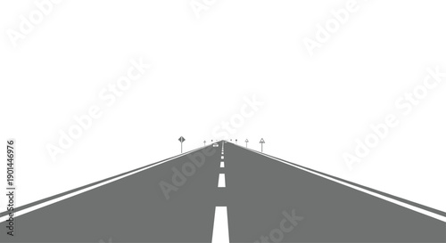 Long straight empty road with white markings and distant road signs under a clear sky.