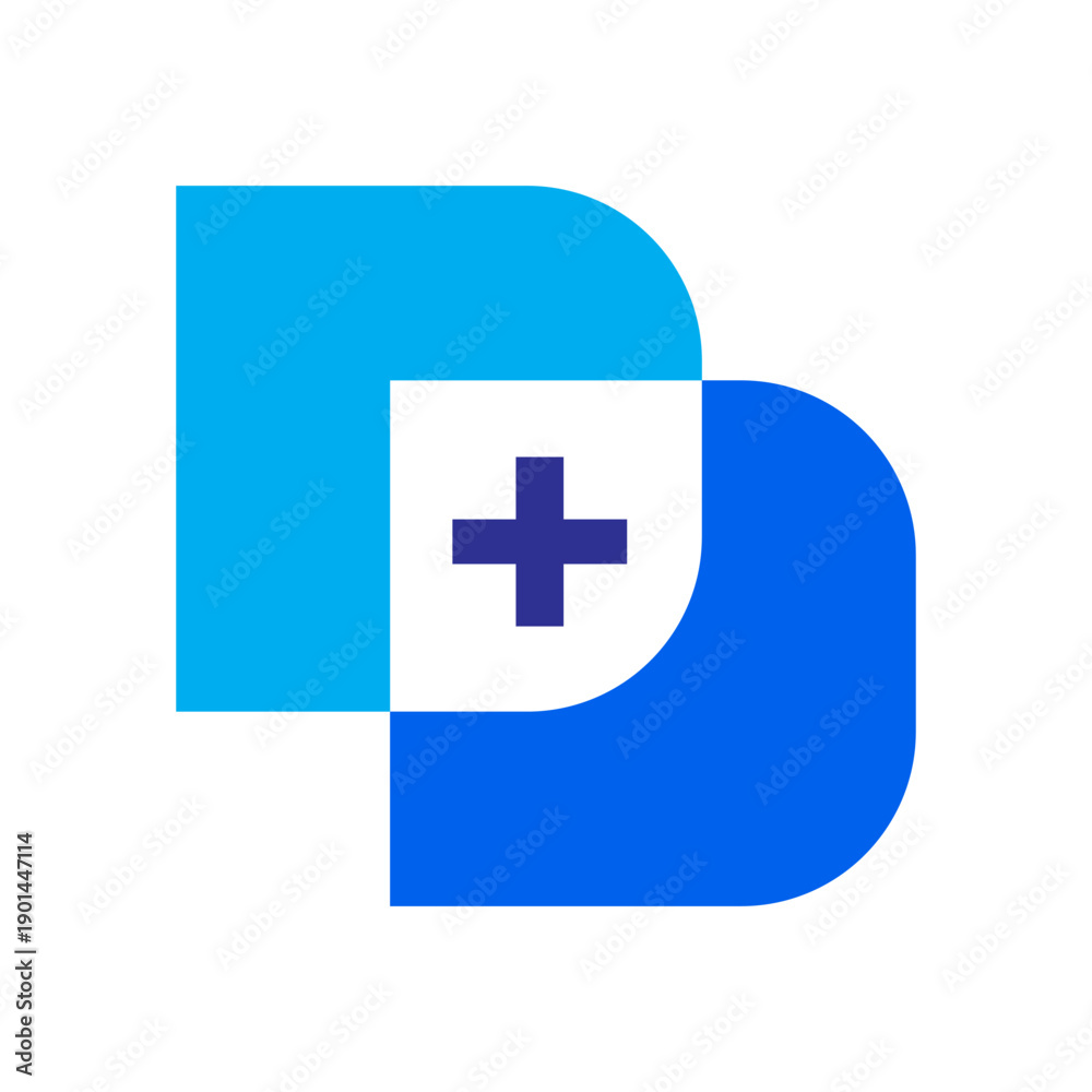 Obraz premium Modern intertwined DD lettermark logo with a medical plus symbol, representing care, trust, and innovation. Ideal for healthcare providers, clinics, digital health platforms, and medical services.