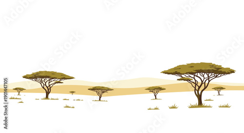 Scenic African savanna landscape with scattered acacia trees and sparse grass under a wide sky.