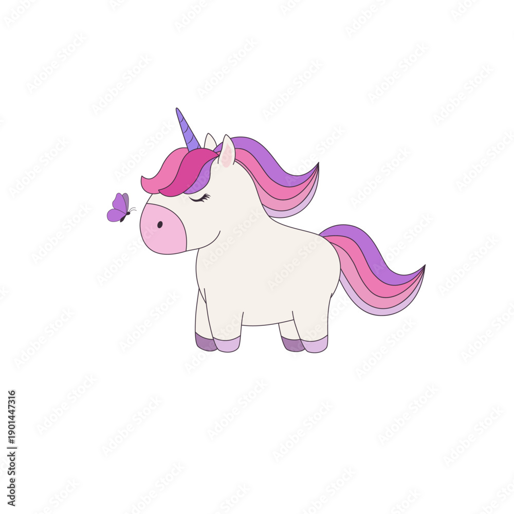 Fototapeta premium Charming cartoon unicorn with vibrant pink and purple hair watching a small purple butterfly on white background