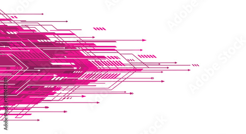 Dynamic abstract pink technological lines with flowing arrows illustrating data transfer and digital network speed