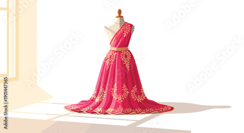 Luxurious mannequin showcasing an elegant red gown with gold embroidery, illuminated by natural window light and subtle