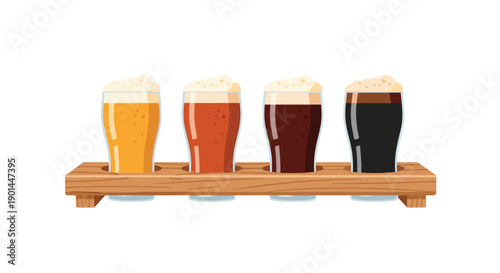 Assortment of craft beer glasses presented on a rustic wooden flight paddle, showcasing diverse beverage styles