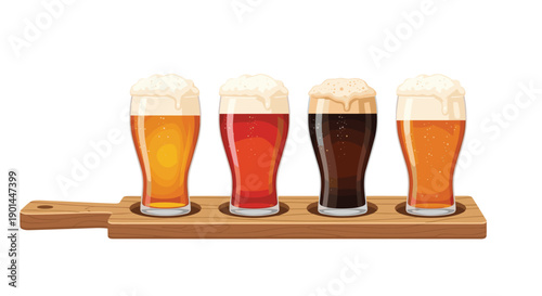 Assorted beer sampler glasses presented on an elongated wooden serving board, perfect for casual tasting events