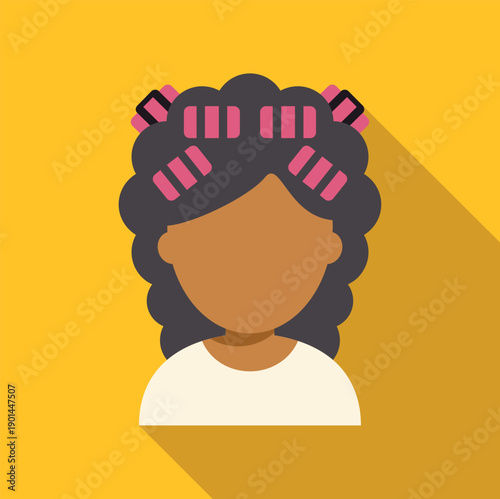 Woman with dark skin and curly hair preparing a hairdo using pink hair rollers
