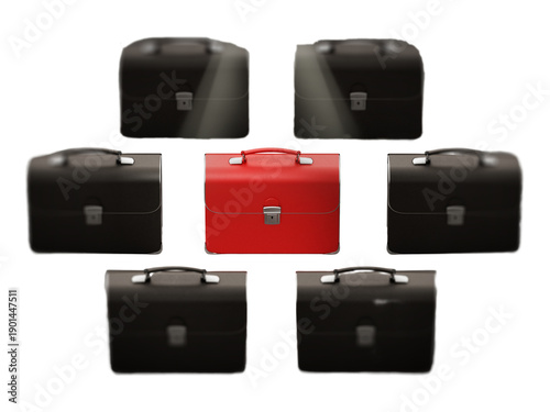 Leather red briefcase standing out among black briefcases on transparent background. 3D illustration