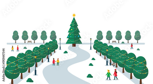 Festive Christmas park scene with people strolling past a large decorated tree, illuminated rows of trees and snowy path