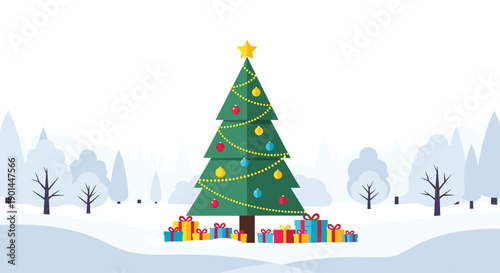 Beautiful Christmas tree adorned with colorful ornaments and presents at its base, set in a peaceful snowy winter forest