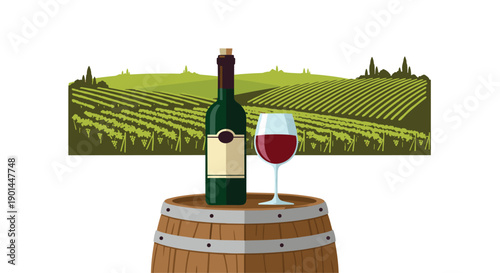 Elegant wine bottle and glass artfully placed on a rustic wooden barrel, set against a picturesque vineyard landscape