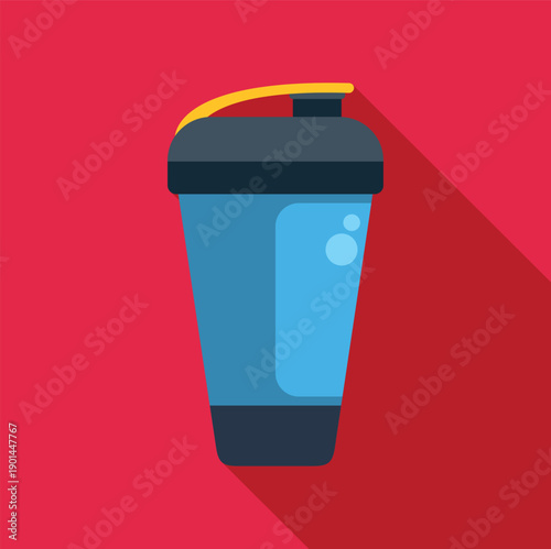 Blue protein shaker bottle with a long shadow on a red background