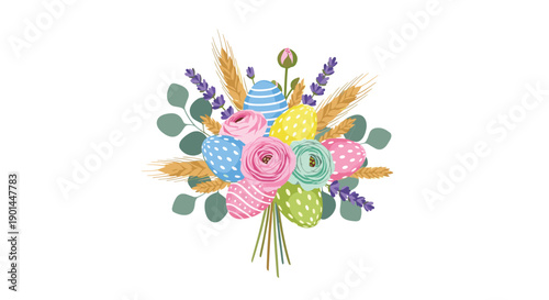 Festive Easter bouquet featuring colorful decorated eggs, delicate roses, aromatic lavender, eucalyptus leaves, and