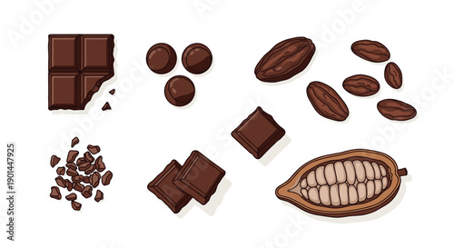 Delicious assortment of chocolate and cocoa ingredients, including beans, pods, bars, chips, and shavings, artfully