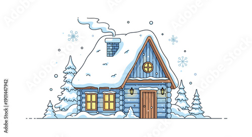 Charming rustic wooden winter cabin heavily blanketed in pristine snow, with warm glowing windows and falling