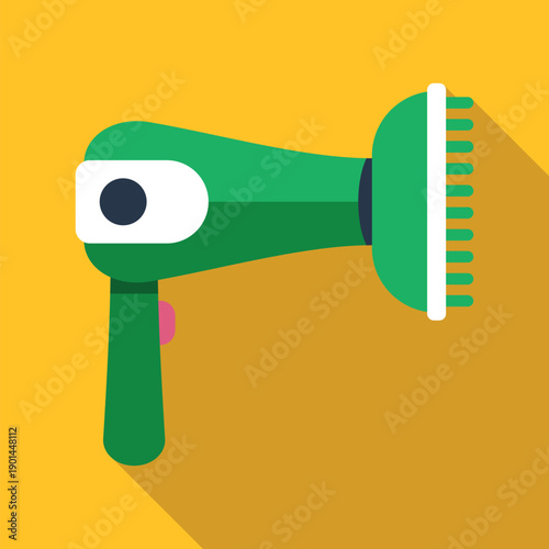 Green hair dryer creating a long shadow on an orange background