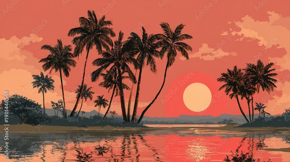 Obraz premium Tropical sunset with palm trees flat vector illustration --ar 16:9 --v 7 Job ID: f28674df-310a-4679-905f-d6d440a2406e