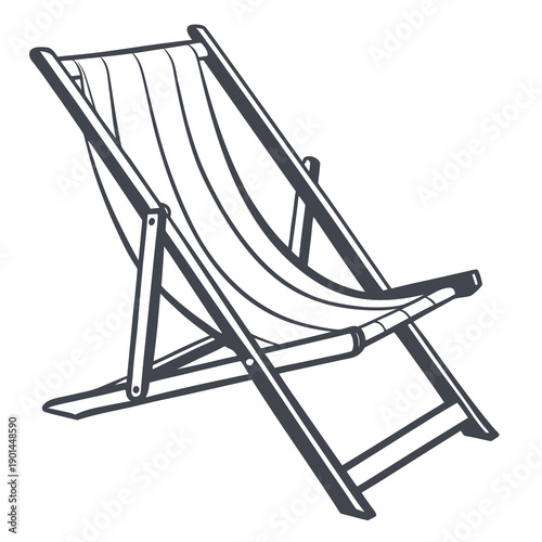 A black and white illustration of a classic folding deck chair