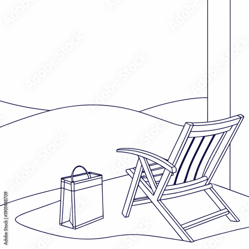 A beach chair and a cooler on a sandy shore under a beach umbrella.