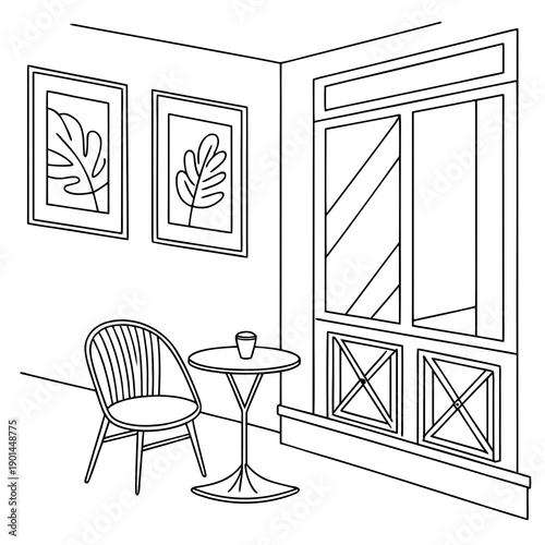 A cozy corner with a round table and two chairs by a window with two framed pictures on the wall.