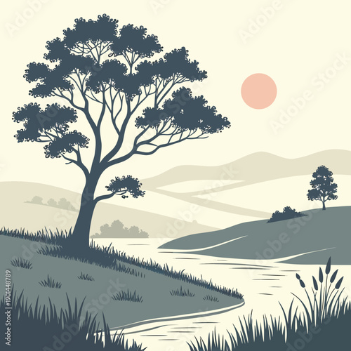 A serene landscape with a lone tree standing tall on a hillside at sunset