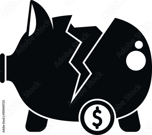 Broken piggy bank icon representing financial problems, bankruptcy, and lost savings