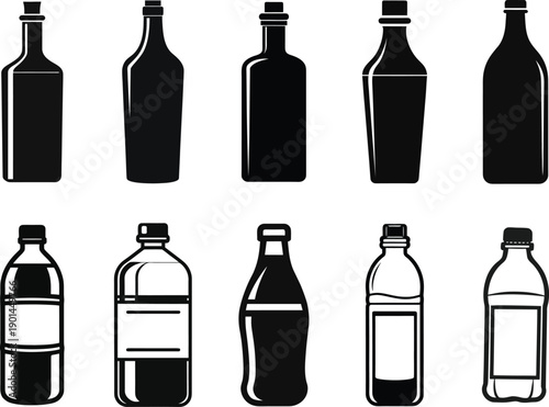 Black and white illustration of various bottles and wine bottles
