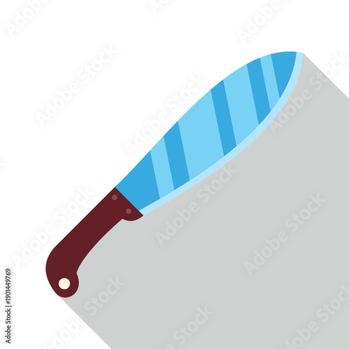 Machete tool with a sharp blue blade and brown handle