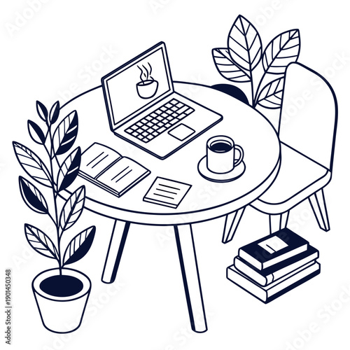 A cozy workspace with a laptop, notebooks, and plants on a round table.