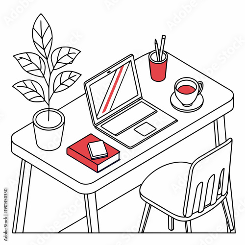 A cozy workspace with a laptop, notebook, and coffee mug on a wooden desk.