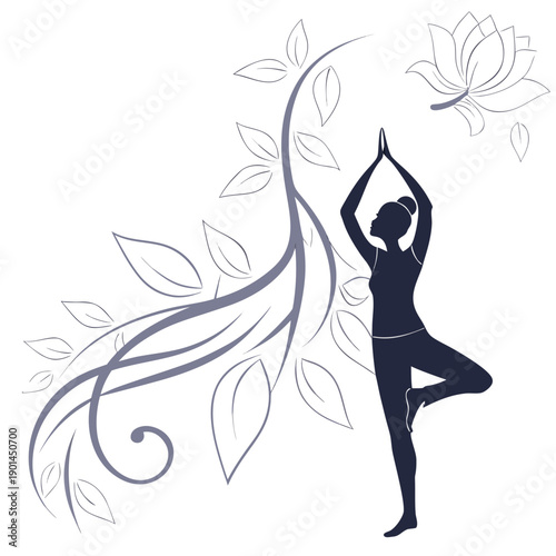 Silhouette of a person practicing yoga with a decorative floral design.